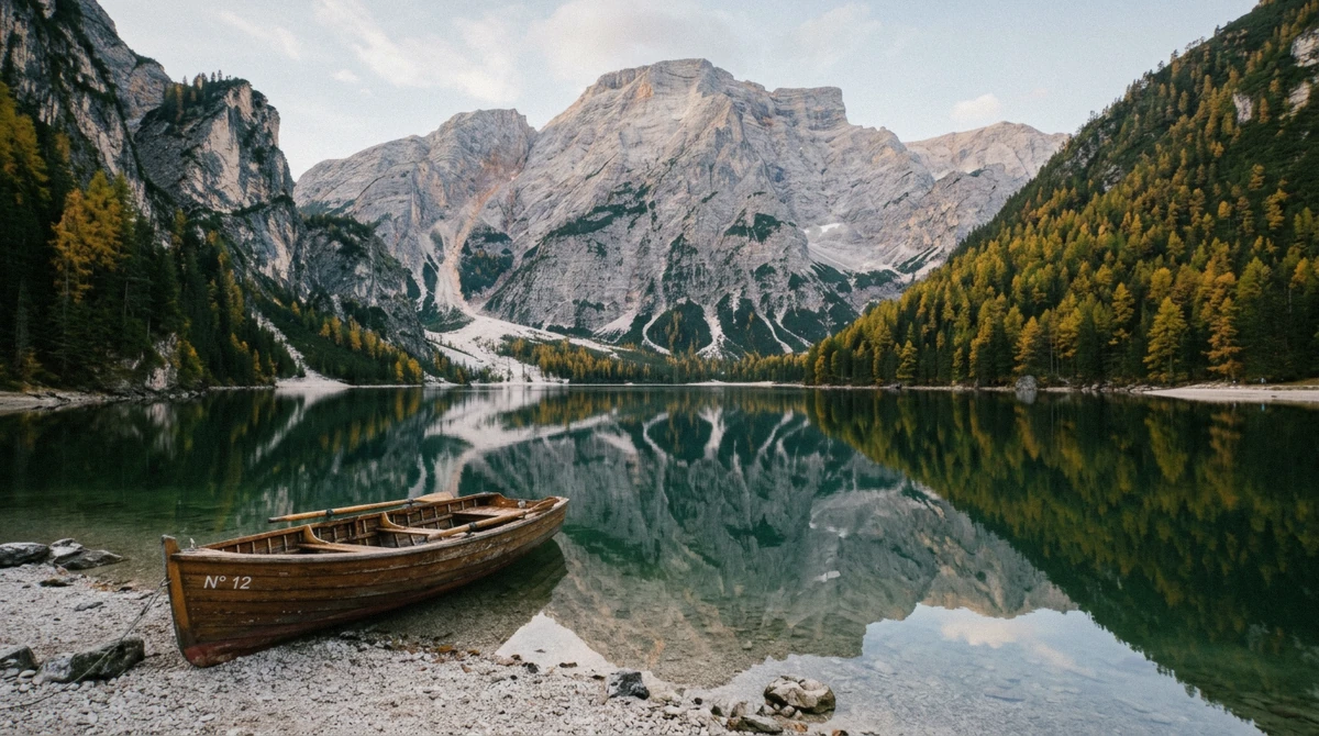 A wooden rowing boat pulled up on the pebble shore of Lake Braies in early morning, the Seekofel cliff mirrored in the water