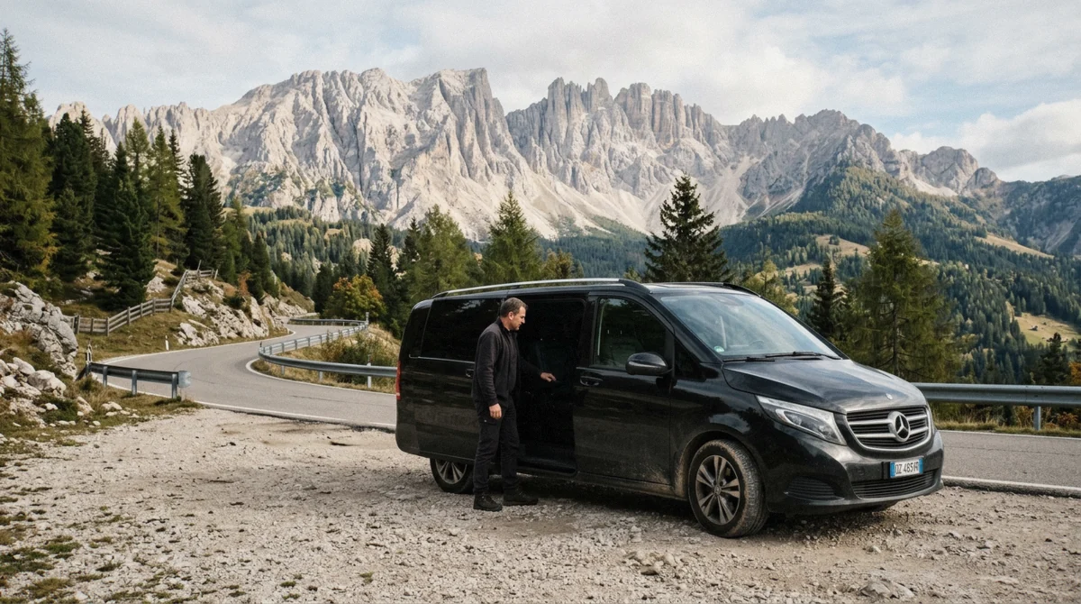 A black minivan parked at a mountain pass lay-by with a driver holding the door open below pale rock peaks