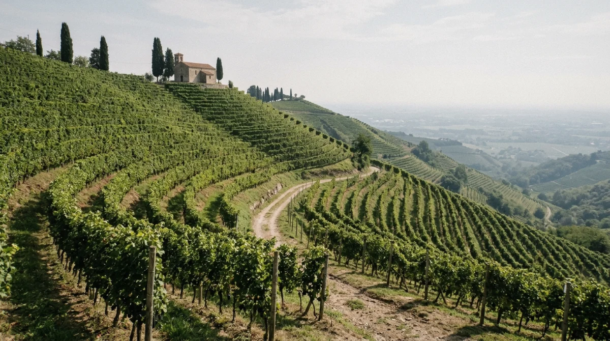 Steep rows of vines on the Prosecco hills near Valdobbiadene with a small church on the ridge