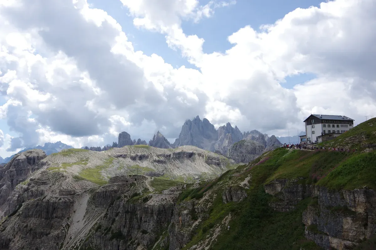 The Cime di Lavaredo above Rifugio Auronzo on a partly cloudy day